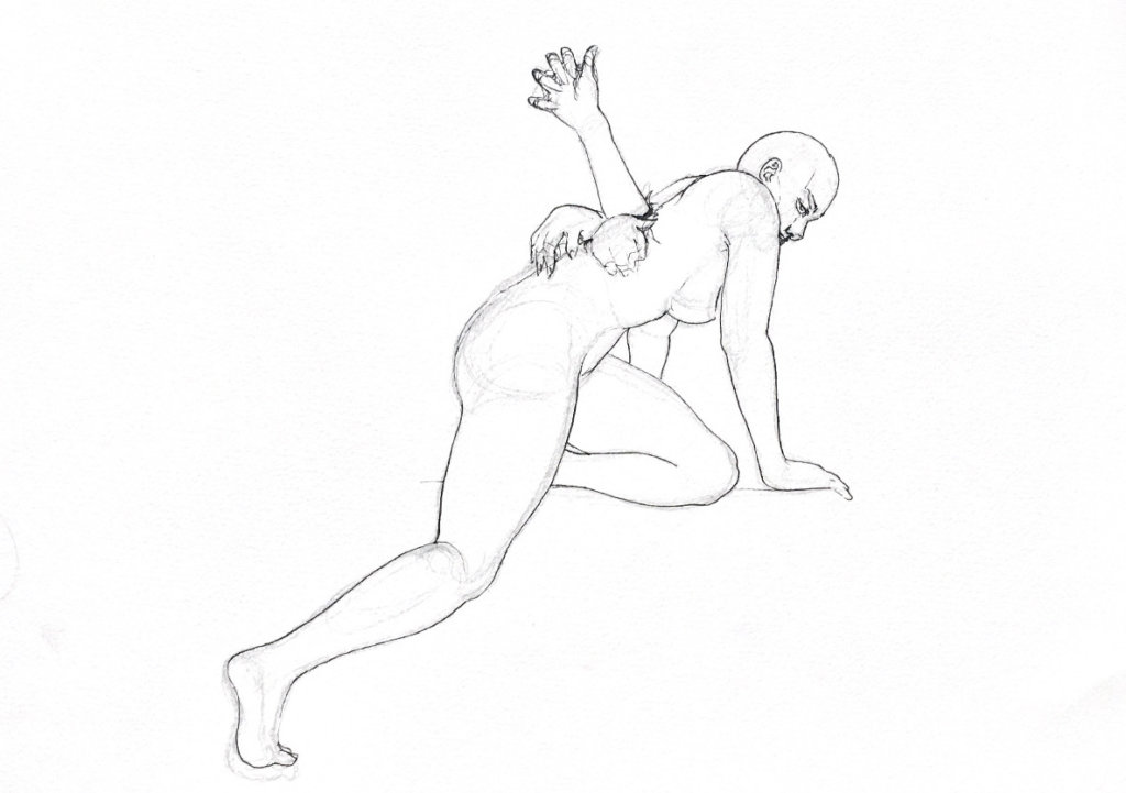 WIP of a woman with three hands ripping out of her spine