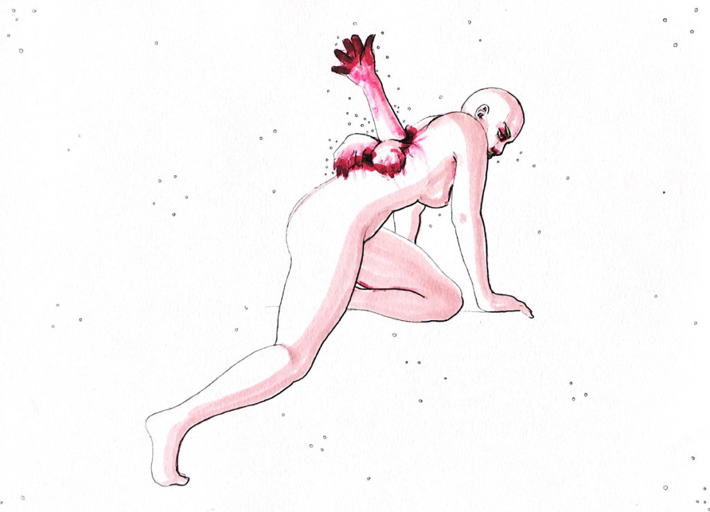 color drawing of a woman with three hands ripping out of her spine