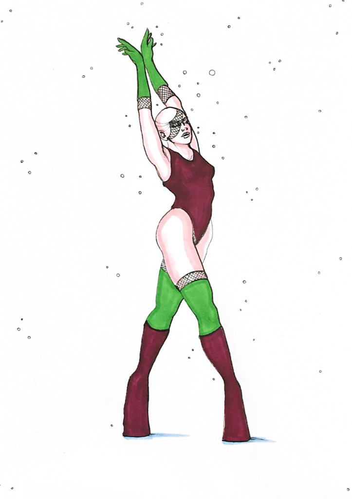 color drawing of a ballerina with platform shoes and fishnets