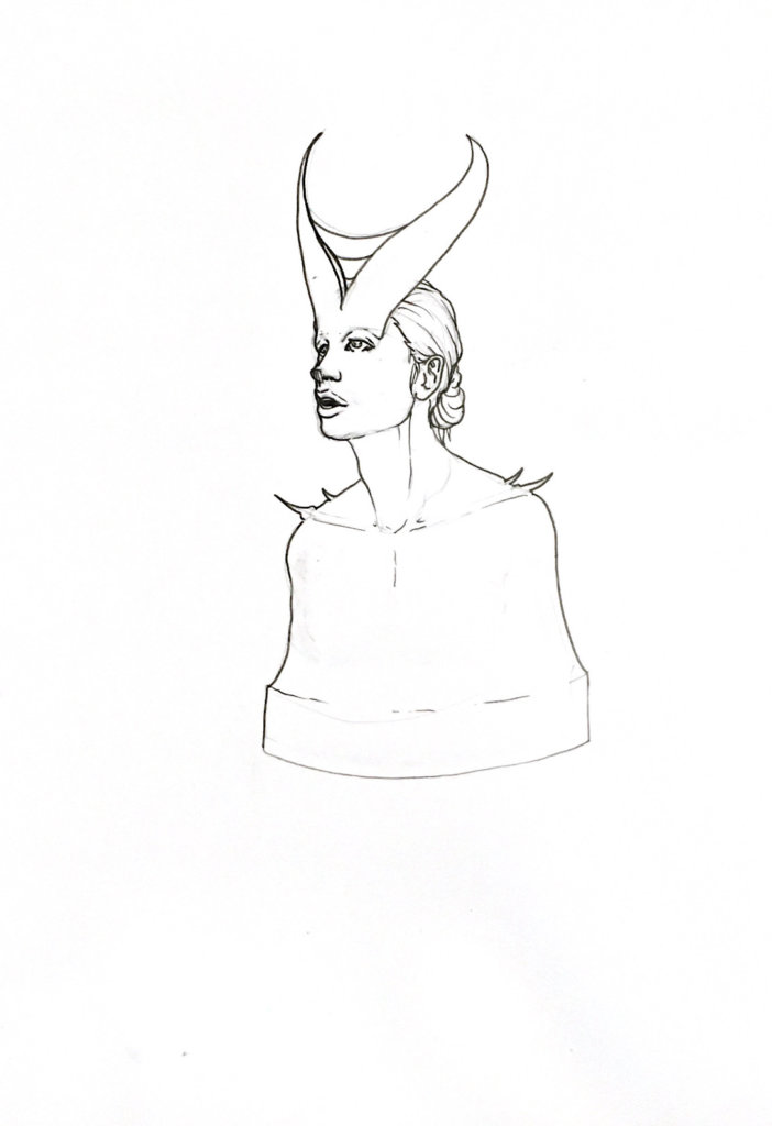 WIP drawing of a bust of a woman with horns growing from her forehead
