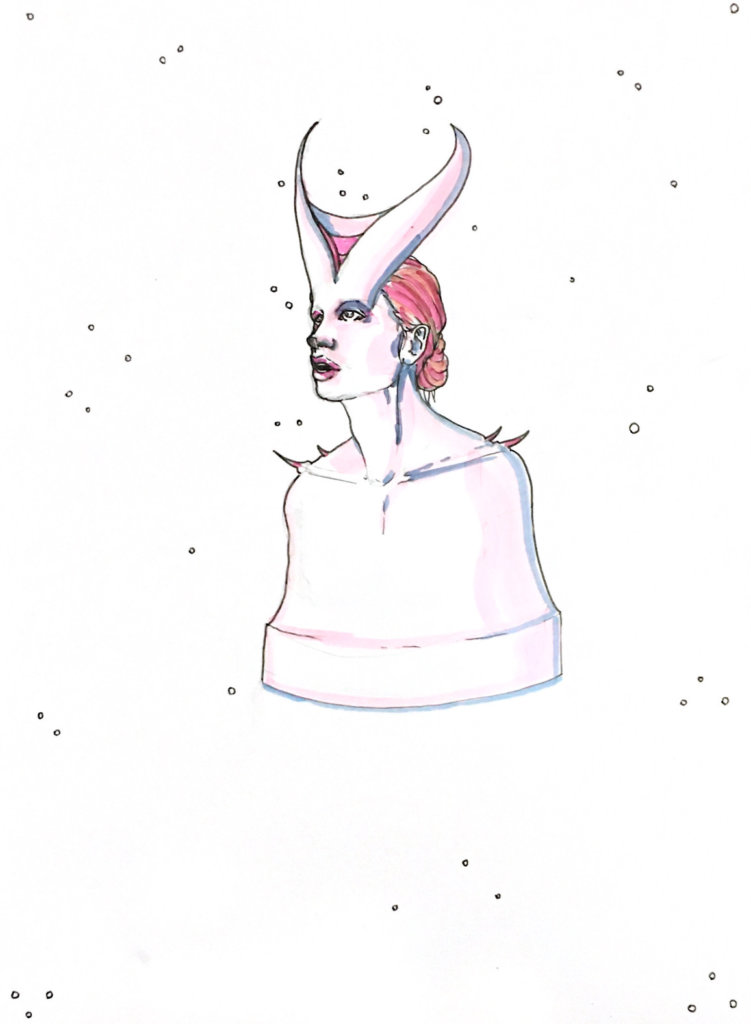 color drawing of a bust of a woman with horns growing from her forehead