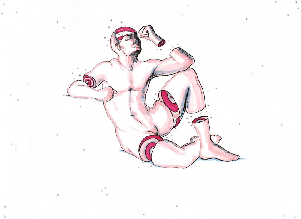 color drawing of a nude man with trippy designs on his legs