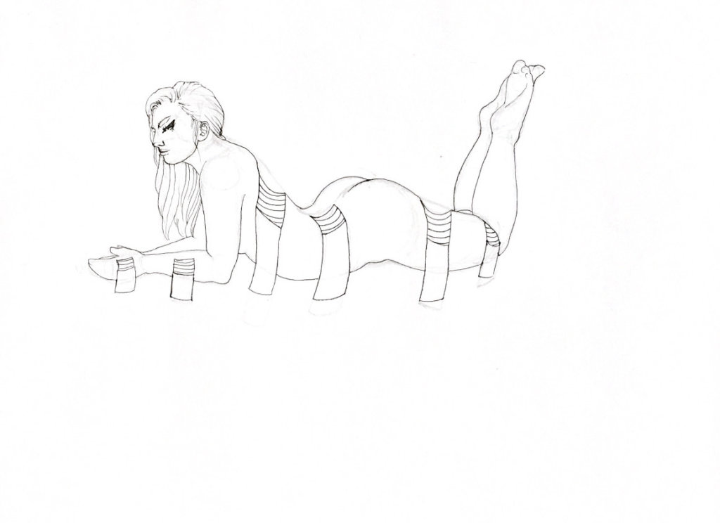 WIP drawing of a woman with skin grafts exposing her insides