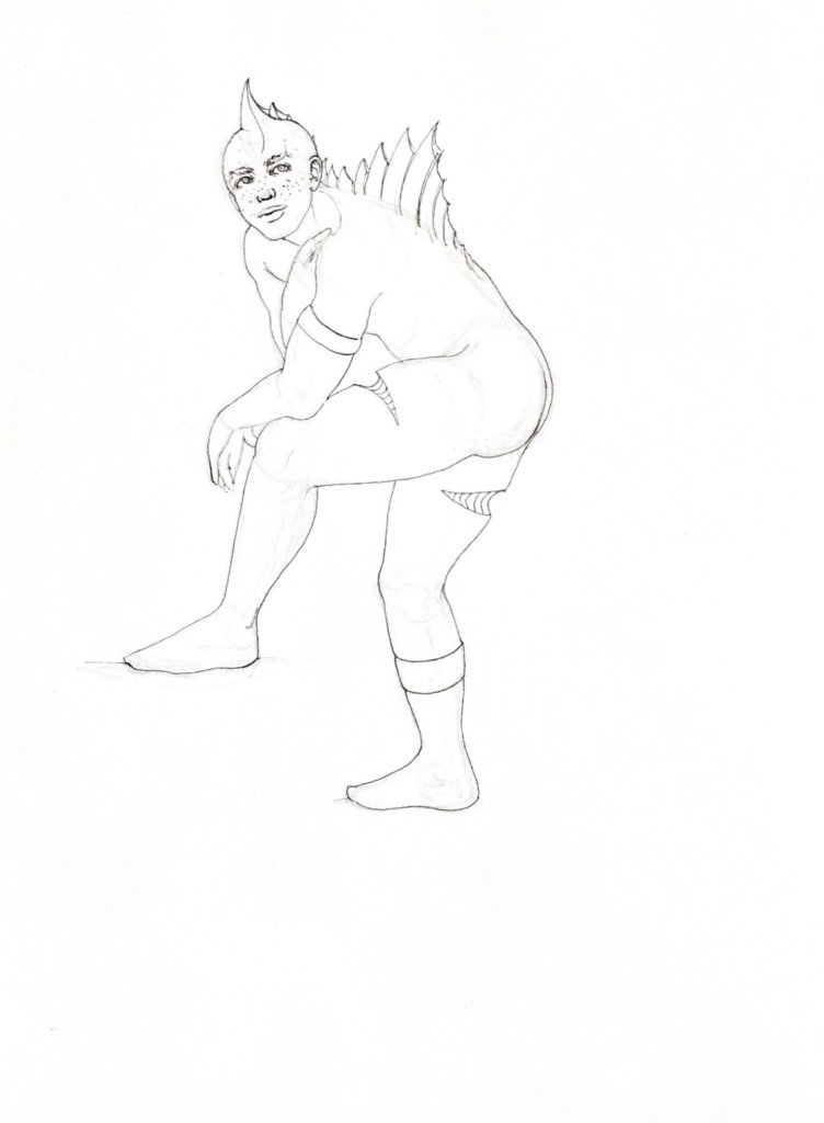 WIP drawing of a man who looks like he has dinosaur fins growing out of his back