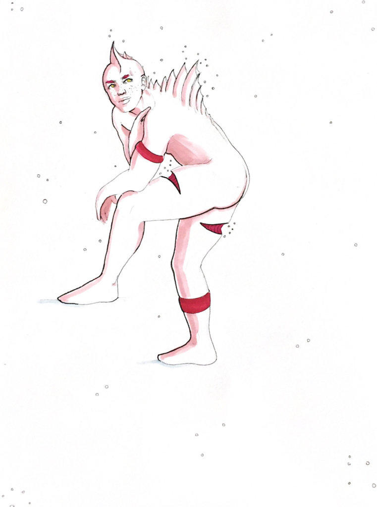 color drawing of a man who looks like he has dinosaur fins growing out of his back