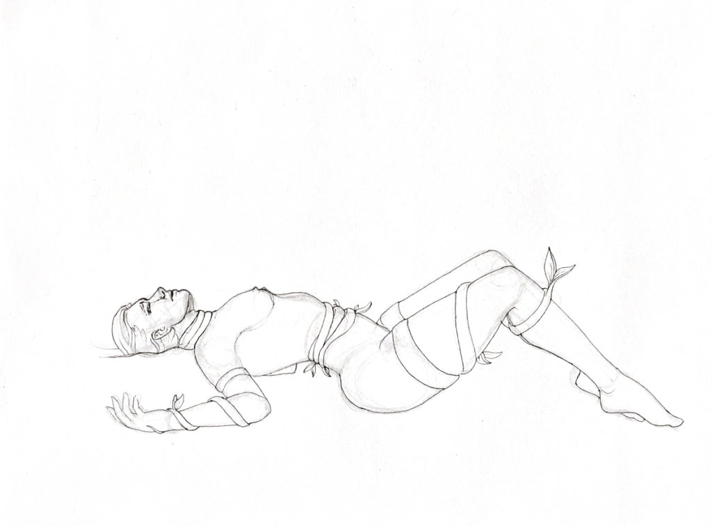 WIP of a woman with vines wrapping around her legs, arms stretched out and looking to the sky