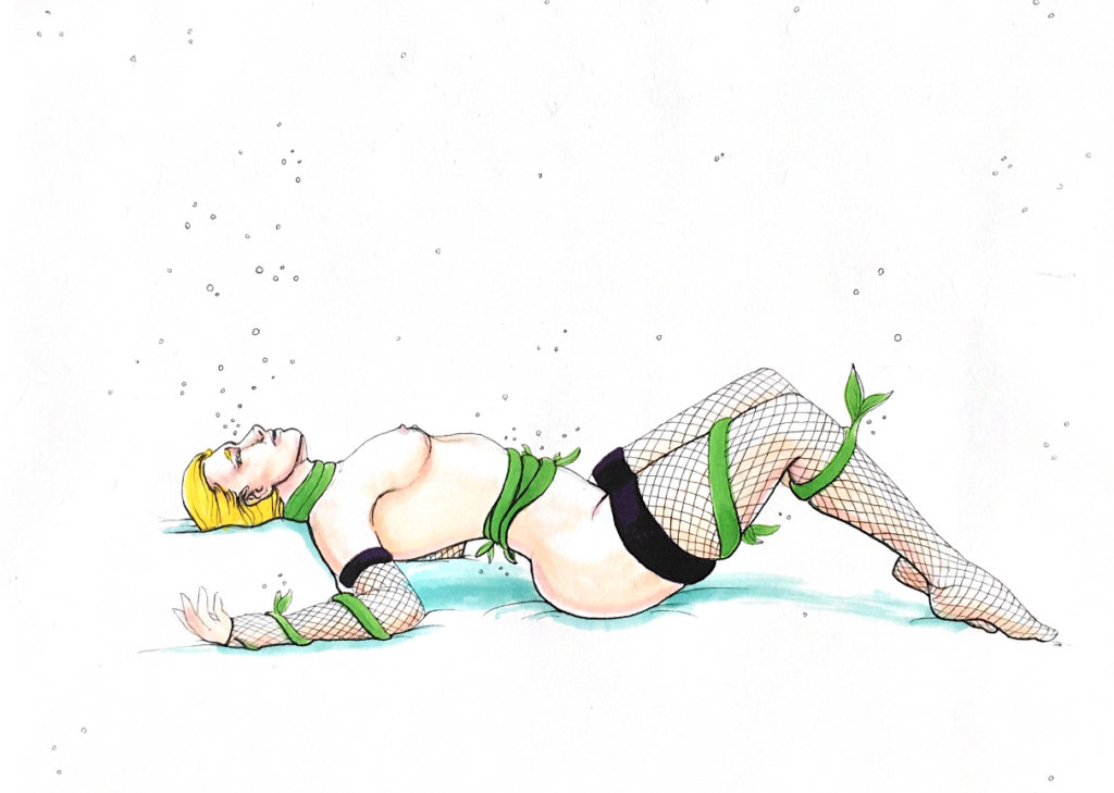 color drawing of a woman with vines wrapping around her legs, arms stretched out and looking to the sky