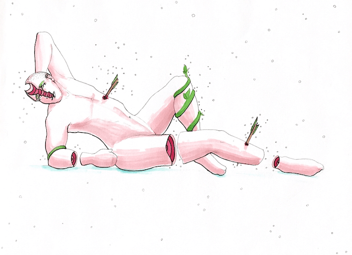 color drawing of a reclining man with arrows through his body 