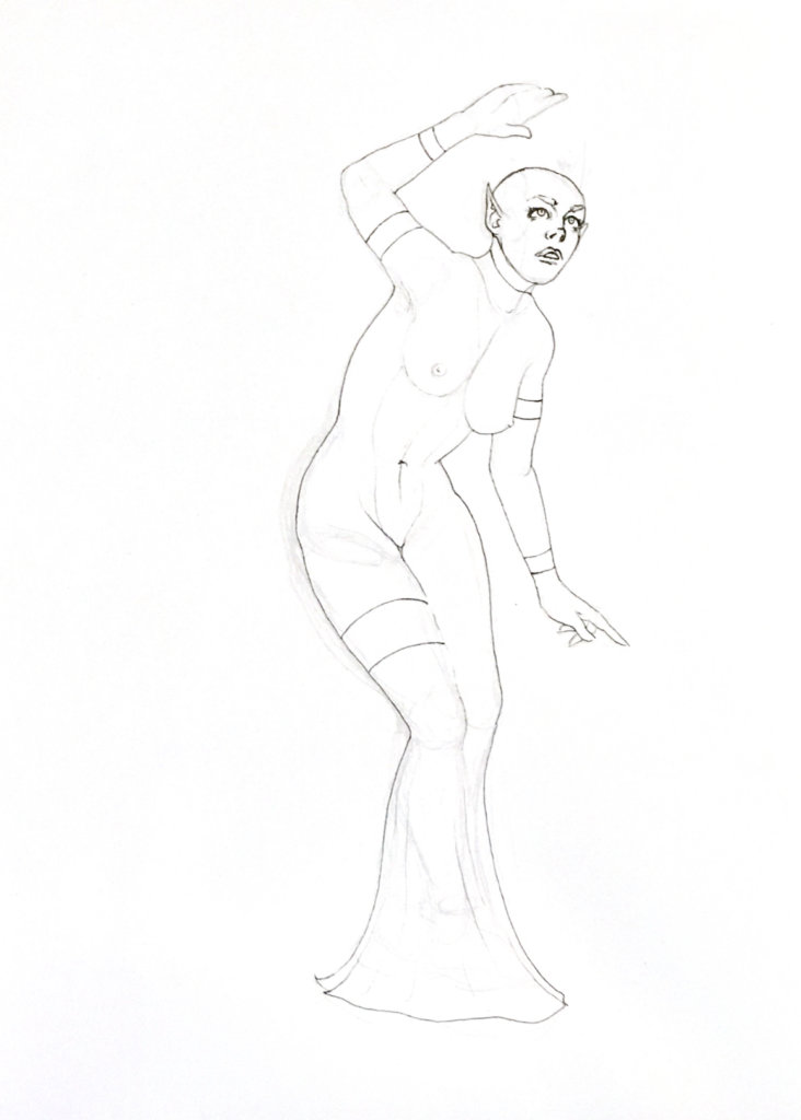 WIP drawing of a woman looking to the sky