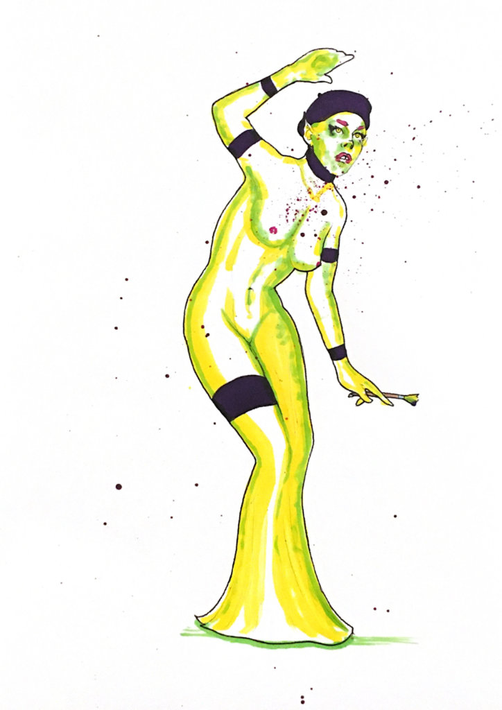 color drawing of a woman looking to the sky, holding a paint brush and wearing a beret