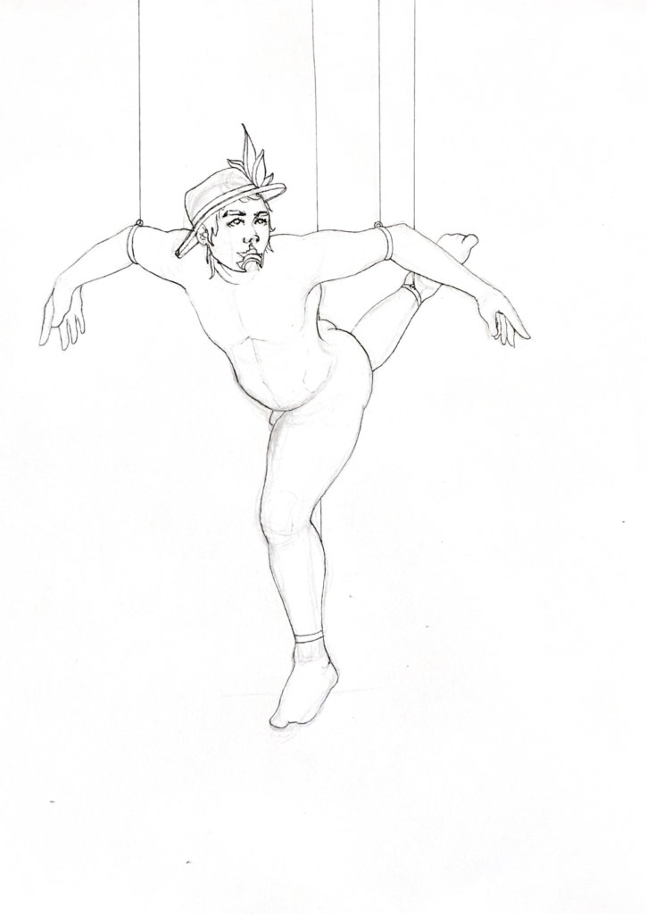 WIP drawing of a puppet with strings holding him up to the sky