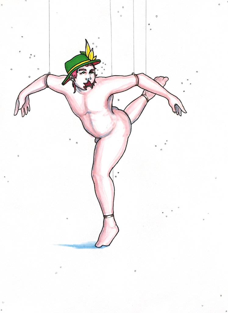 color drawing of a puppet with strings holding him up to the sky