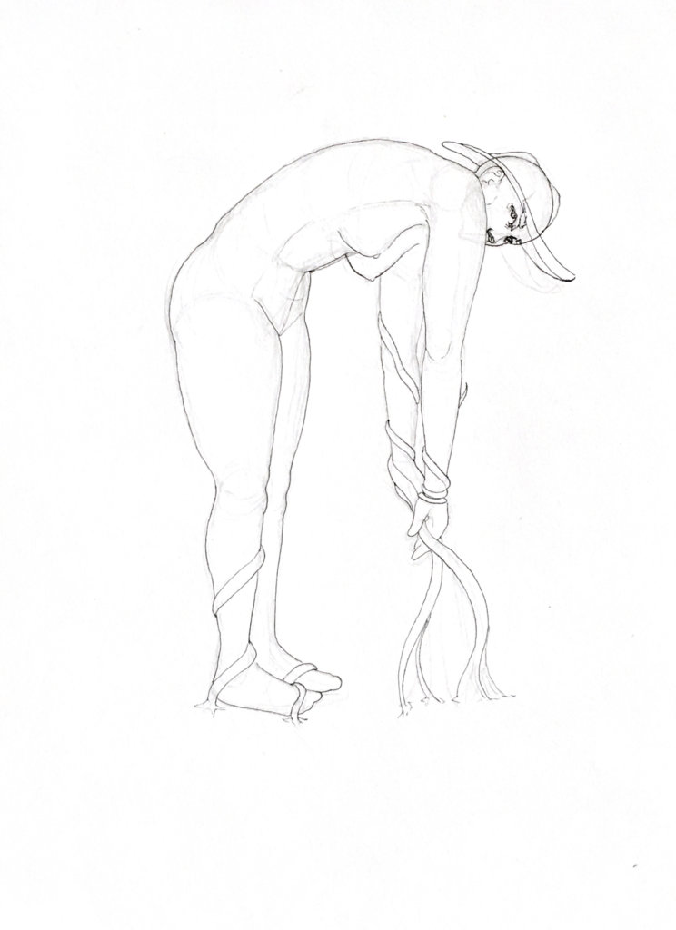 WIP drawing of a woman who has vines keeping her rooted to the ground