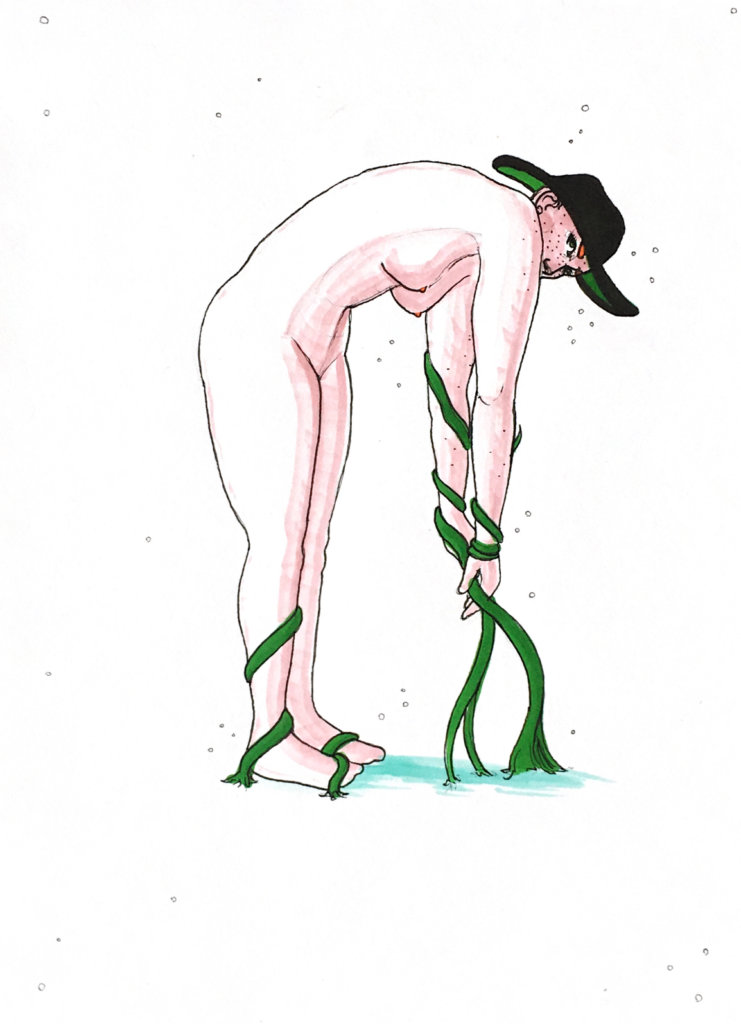 color drawing of a woman who has vines keeping her rooted to the ground