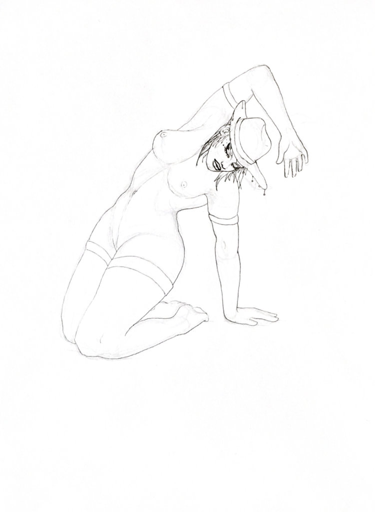 WIP drawing of a woman stretching backwards with her legs on the ground
