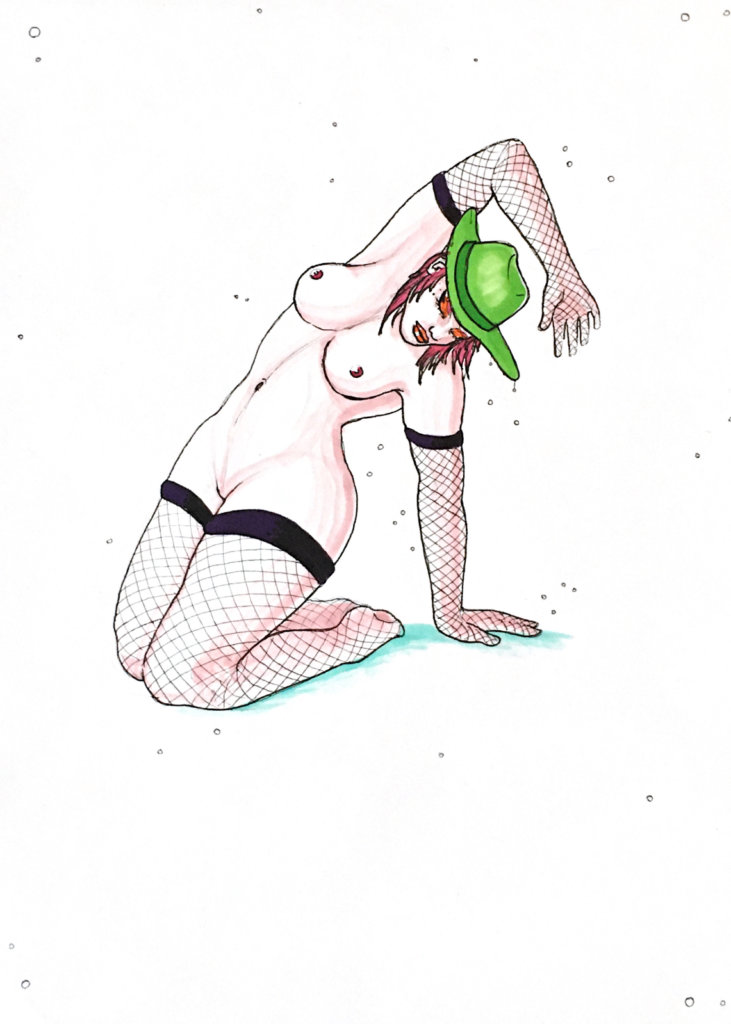 color drawing of a woman stretching backwards with her legs on the ground