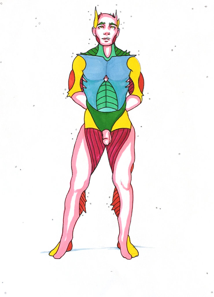 color drawing of a strangely blocked man standing