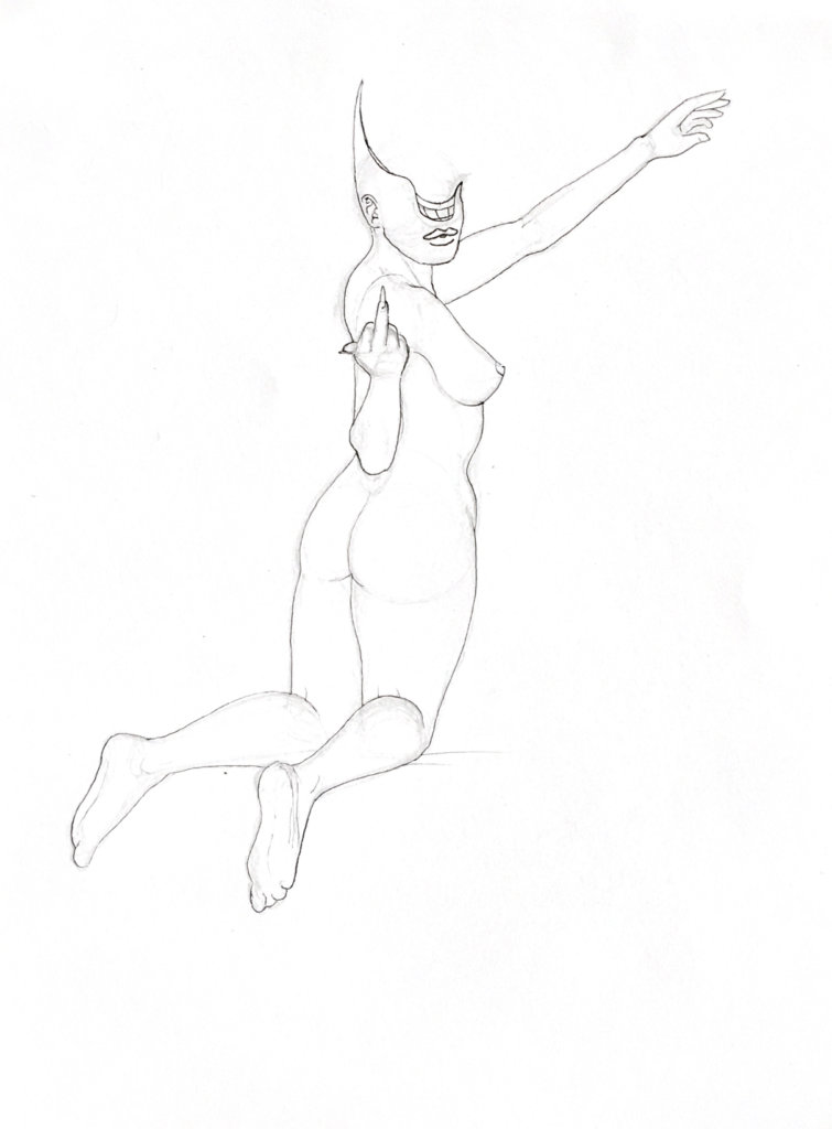 WIP drawing of a nude woman flicking off the viewer