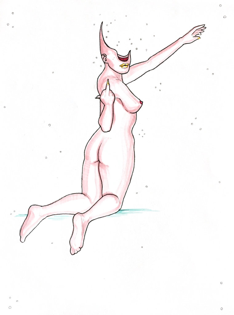 color drawing of a nude woman flicking off the viewer
