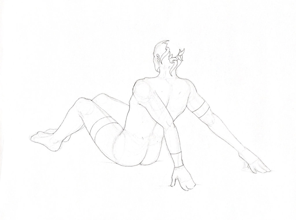 WIP drawing of a nude man reclined with an exposed skull, vines growing from his head