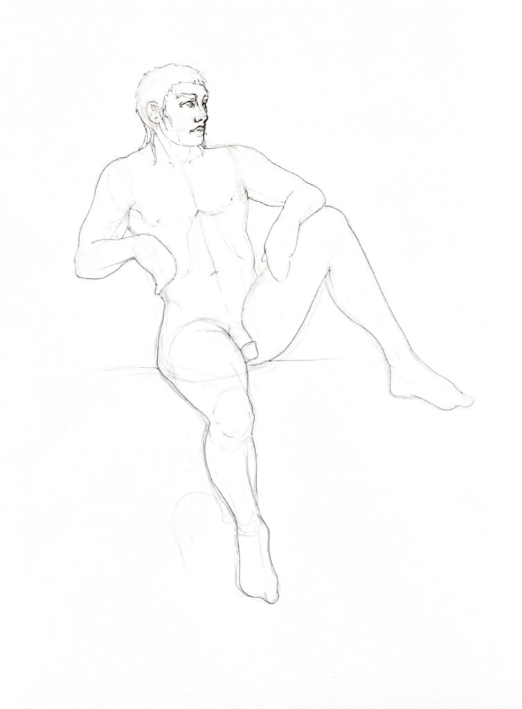 WIP drawing of a nude man sitting down, relaxing his arms