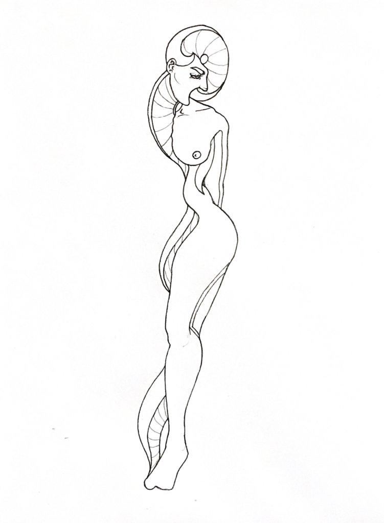 WIP drawing of a surreal looking woman with strange body shapes