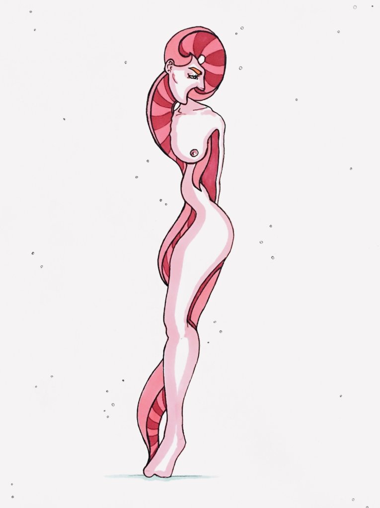 color drawing of a surreal looking woman with strange body shapes