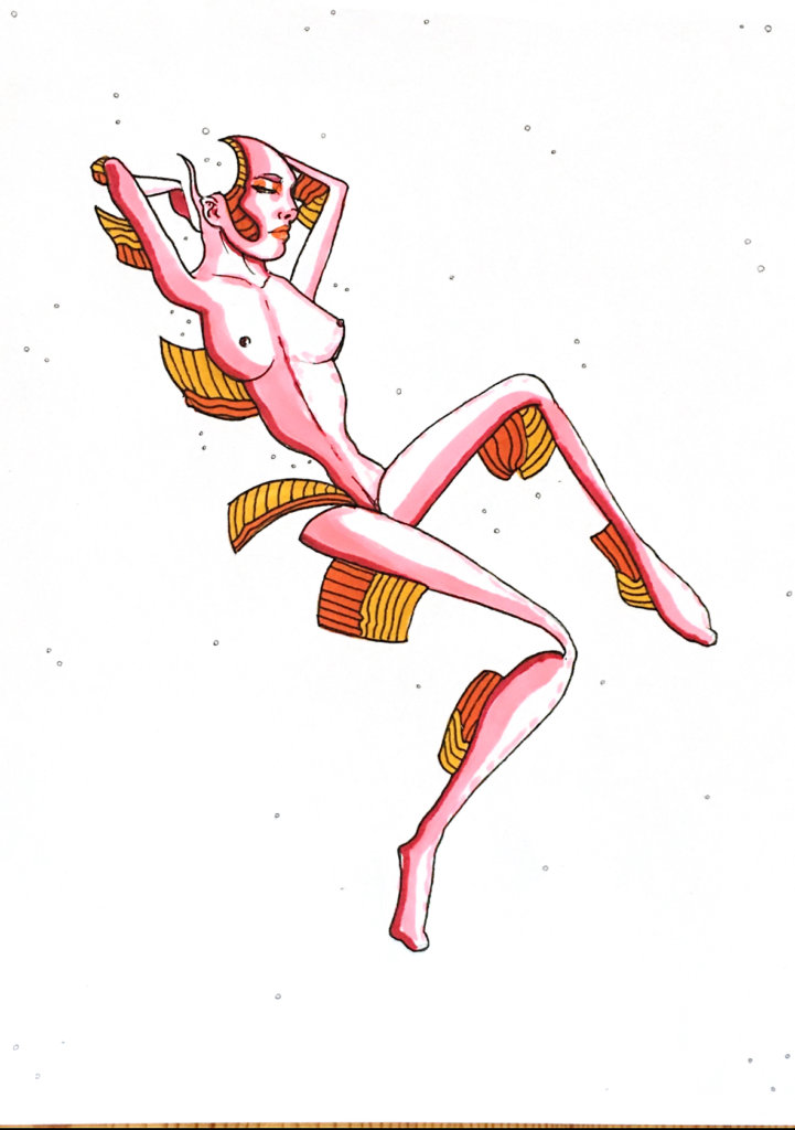 color drawing of a woman reclining, parts of her limbs missing