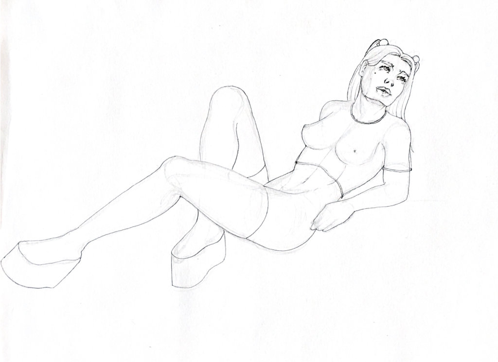WIP drawing of a woman with platform shoes laying down