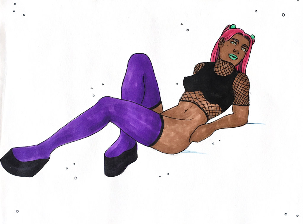 color drawing of a woman with platform shoes laying down