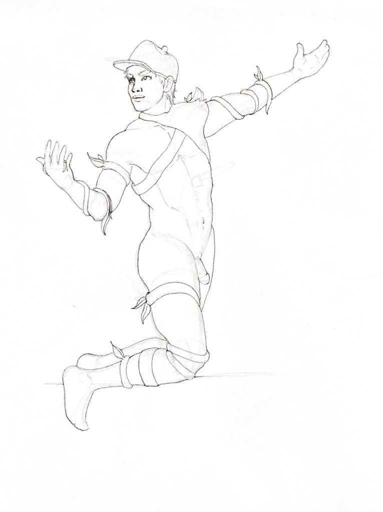 WIP drawing of a nude man with a hat and leather harness, vines growing around his limbs