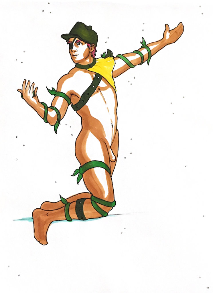 color drawing of a nude man with a hat and leather harness, vines growing around his limbs