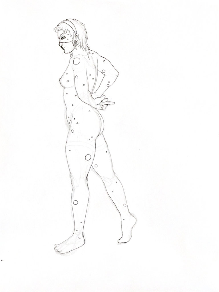 WIP drawing of a nude woman with polka dots and a mask on her face