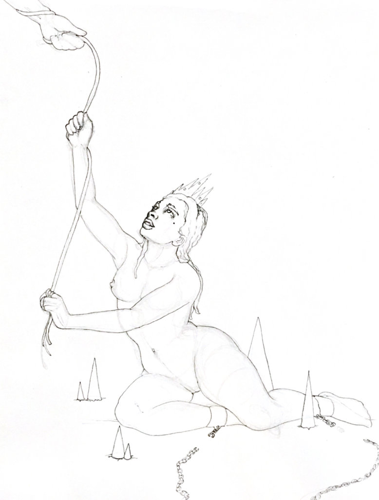 WIP drawing of a woman broken free from shackles