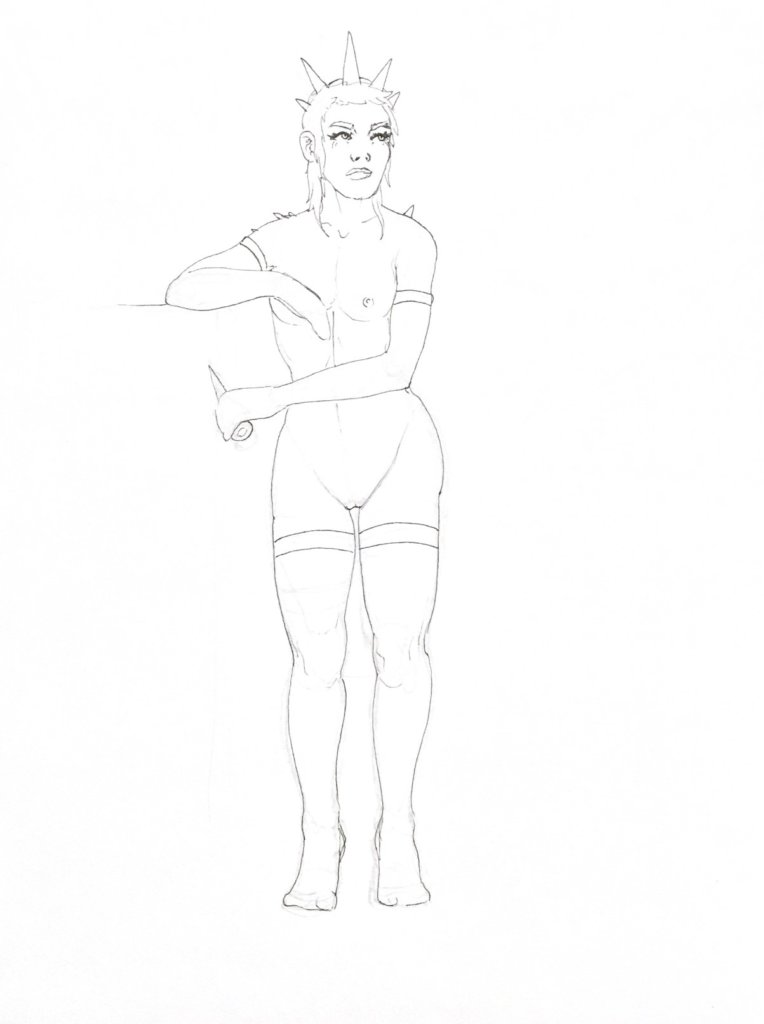WIP drawing of a woman with a spiked crown