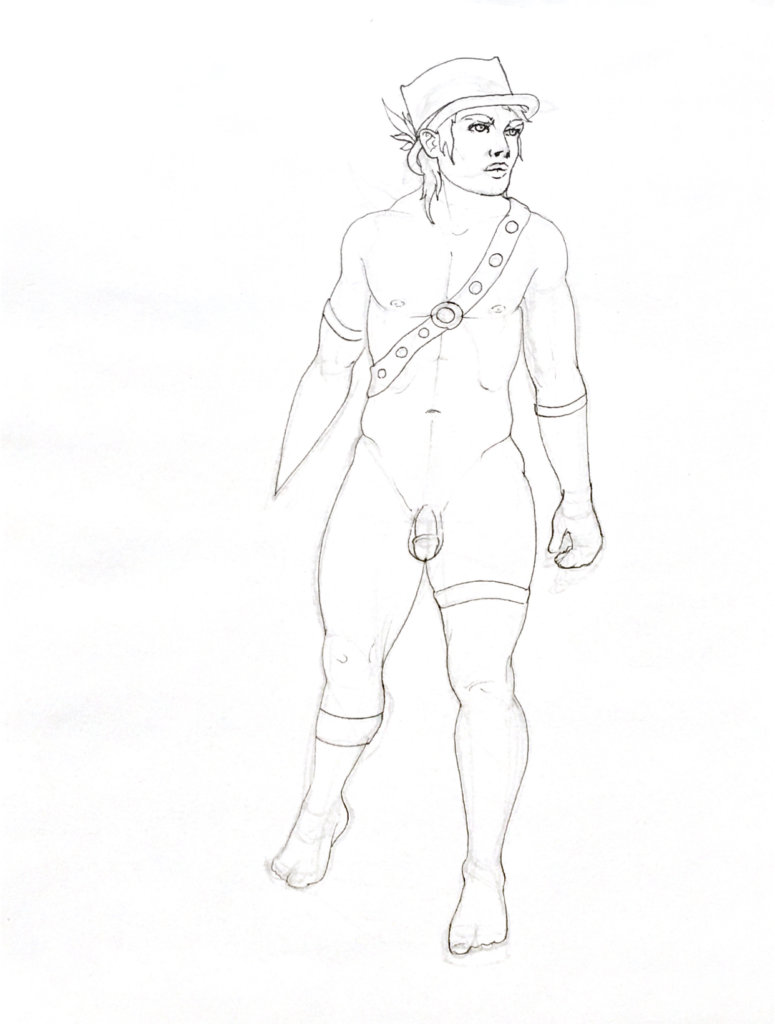 WIP drawing of a nude man with a spike in place of an amputated arm