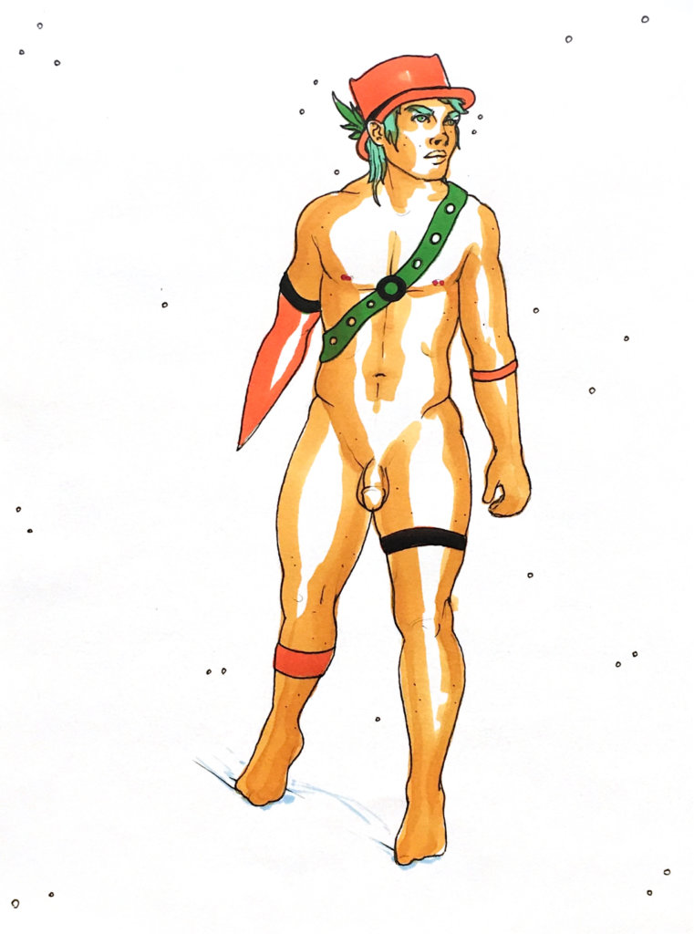 color drawing of a nude man with a spike in place of an amputated arm