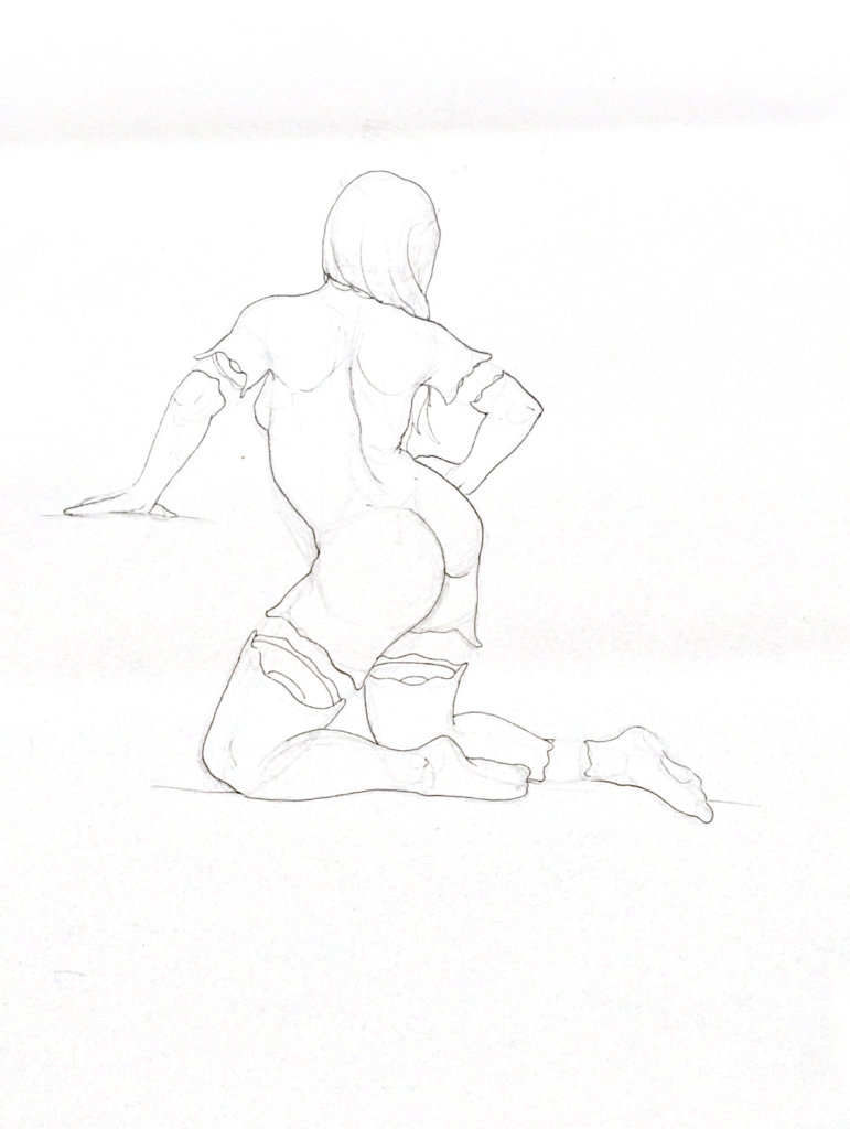 WIP drawing of a nude woman with her backside to the viewer, her limbs ripped apart