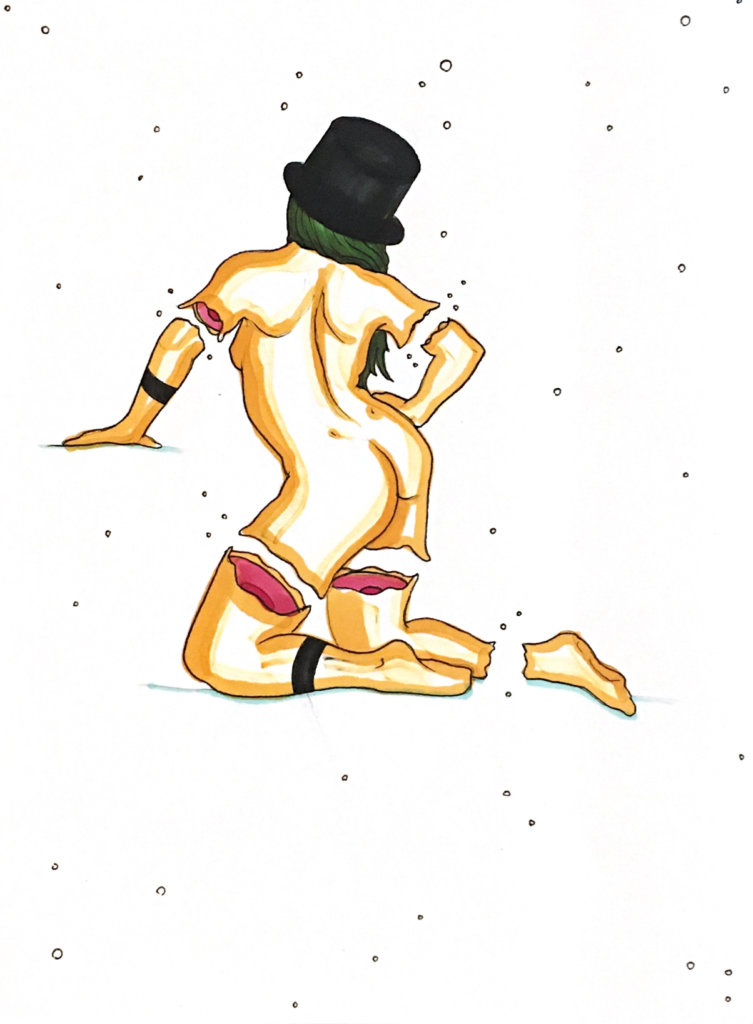 color drawing of a nude woman with her backside to the viewer, her limbs ripped apart