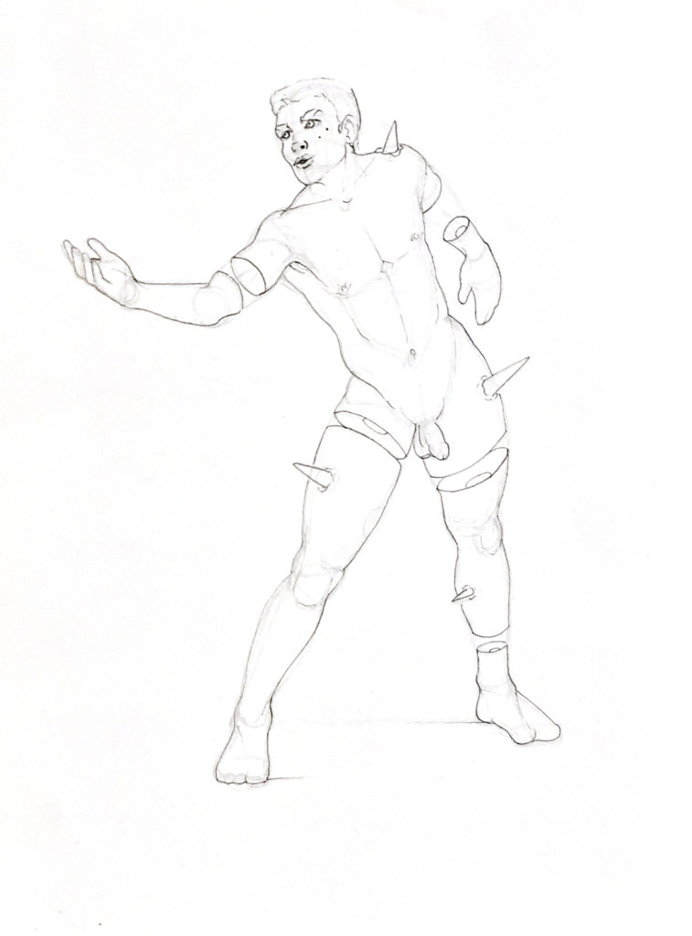 WIP drawing of a nude man with spikes sprouting from his body