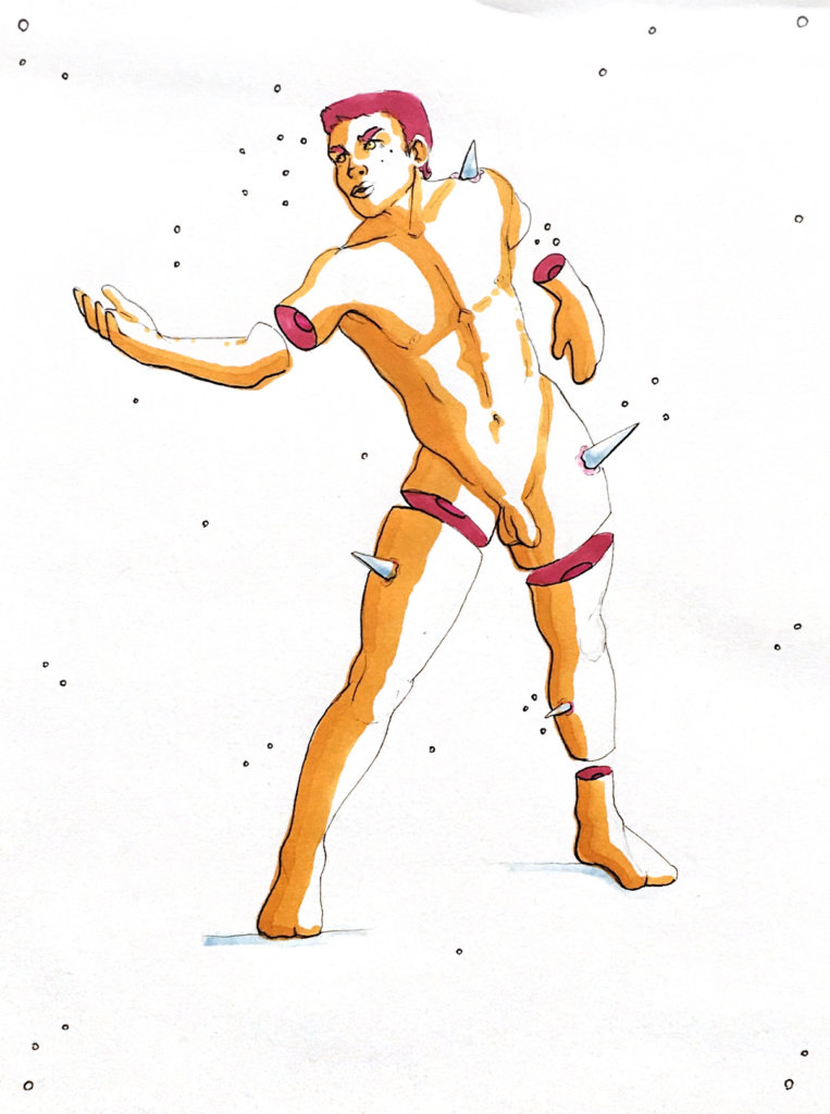 color drawing of a nude man with spikes sprouting from his body