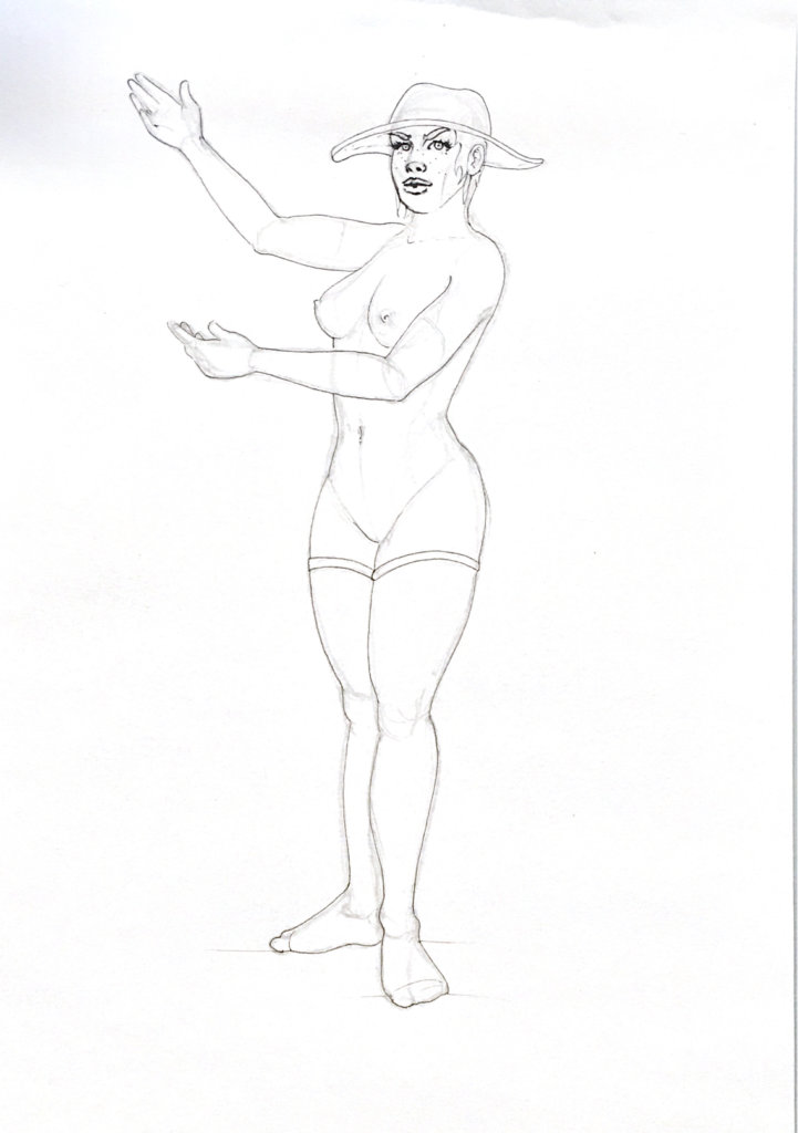 WIP drawing of a nude woman with a hat