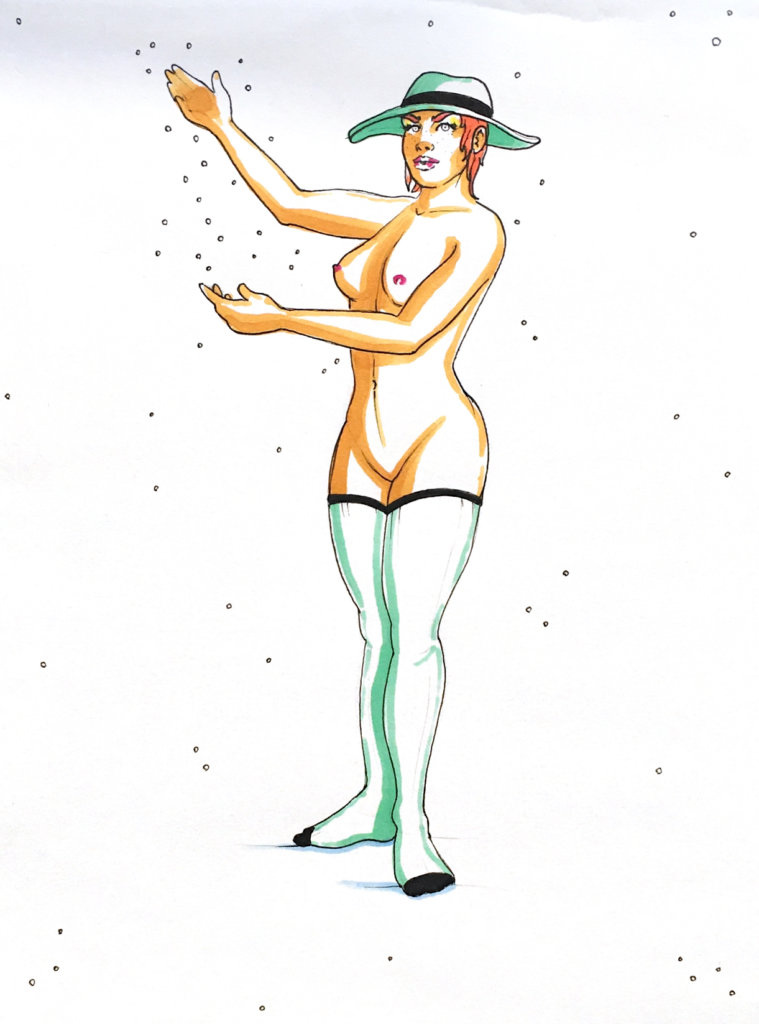 color drawing of a nude woman with a hat