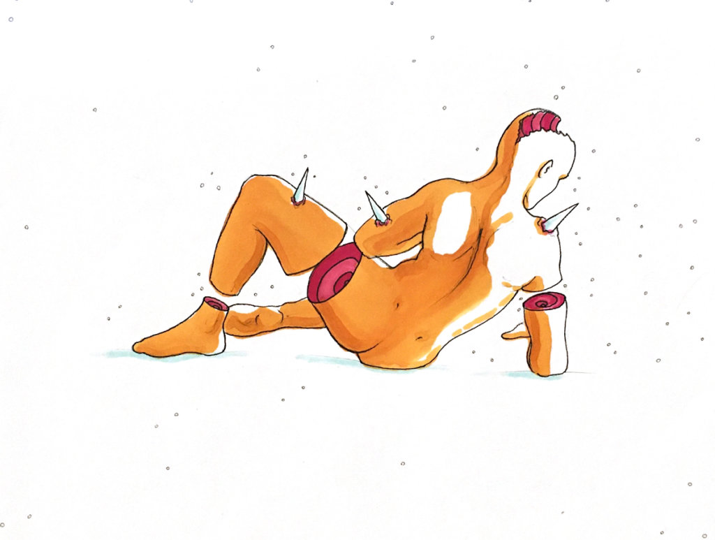 color drawing of a nude man with his back to the viewer, spikes sprouting from his body