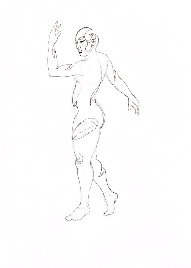 WIP drawing of a woman with perforations running throughout her nude body