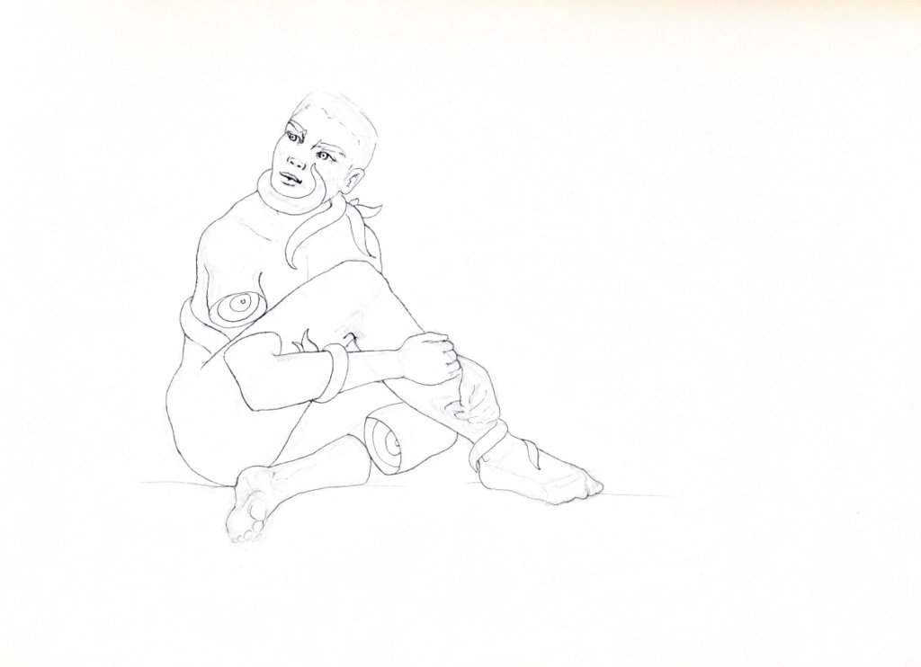 WIP drawing of a man sitting down with gaps in his limbs and vines running around his body