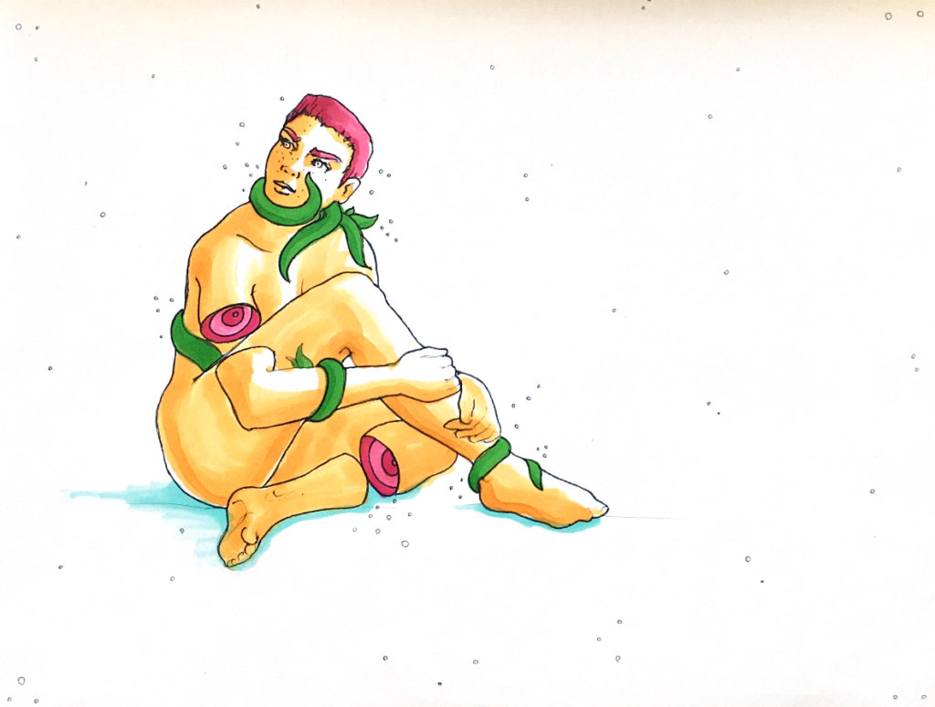 color drawing of a man sitting down with gaps in his limbs and vines running around his body