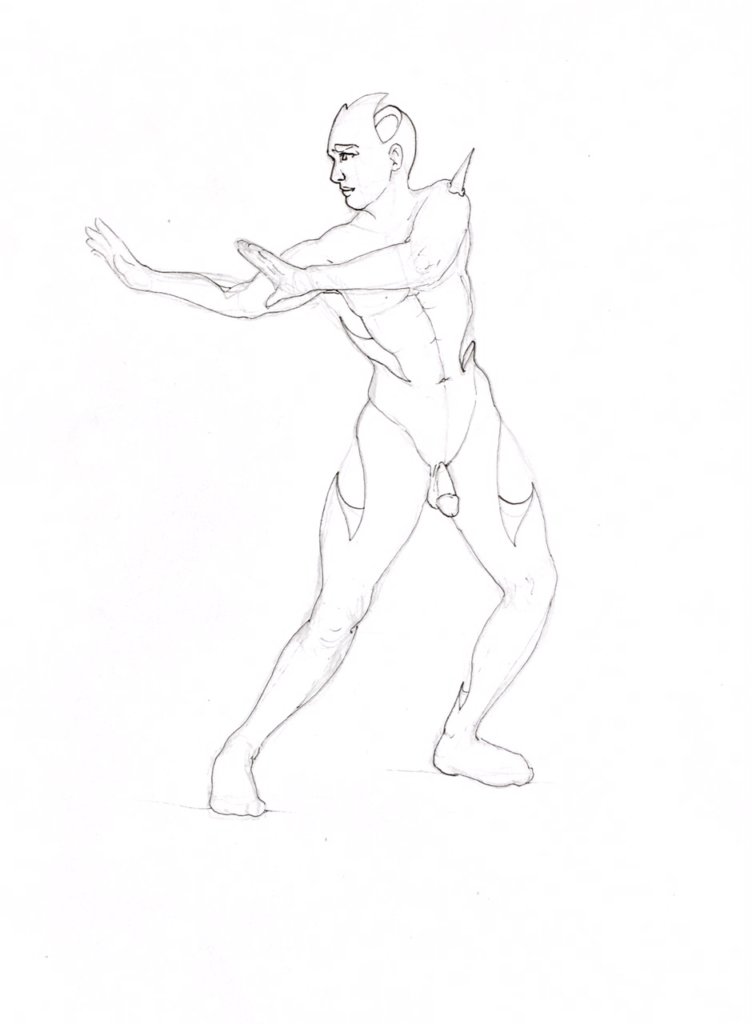 WIP drawing of a nude man with perforations and spikes throughout his body