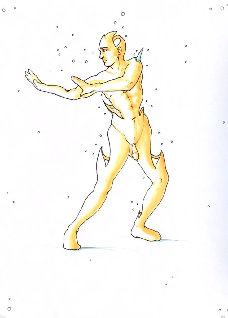 color drawing of a nude man with perforations and spikes throughout his body