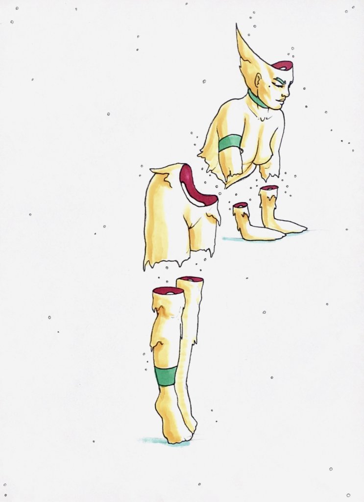color drawing of a woman with gaps in her limbs, skin dripping like wax